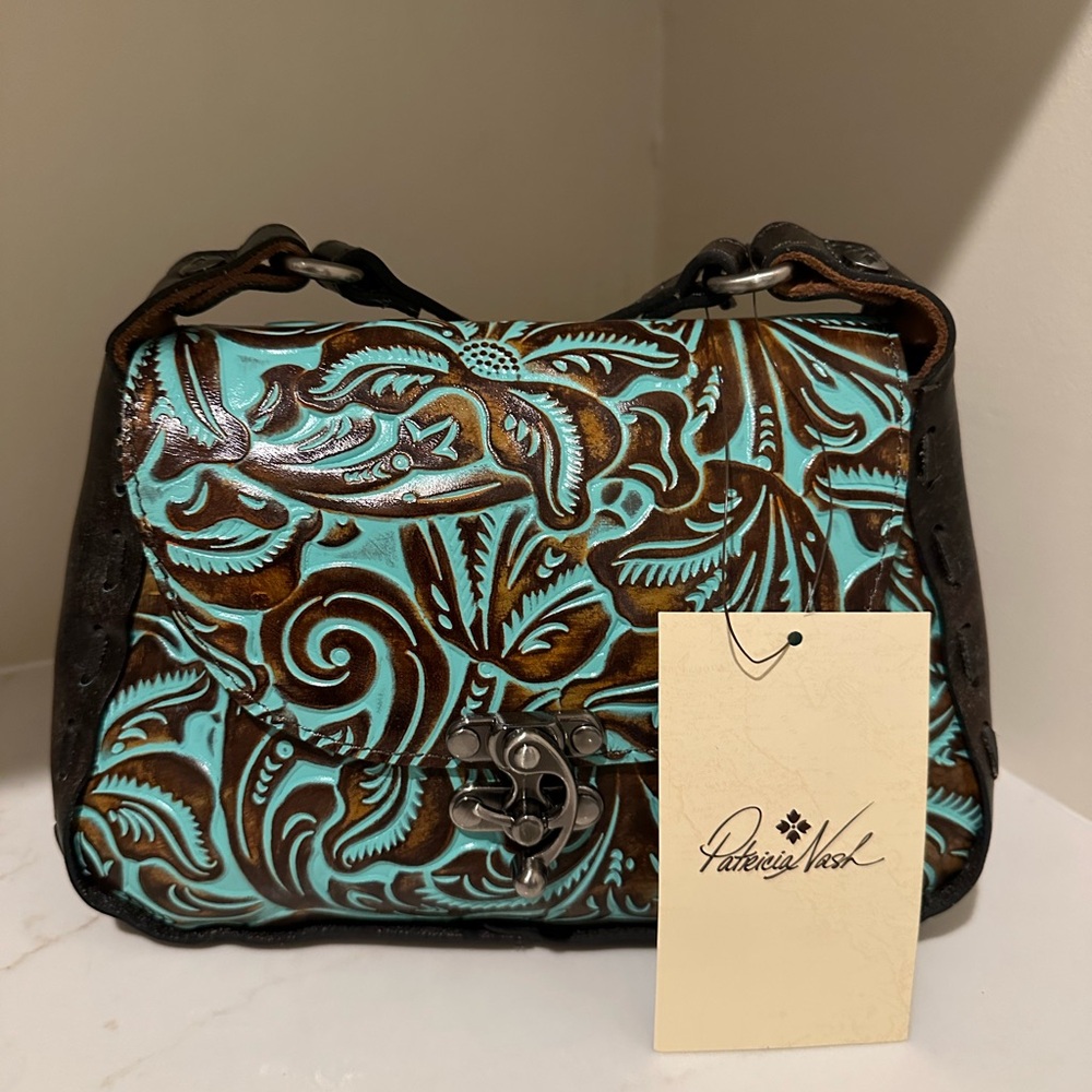 Patricia Nash - NWT Embossed Leather Crossbody Bag - Brown and Turquoise